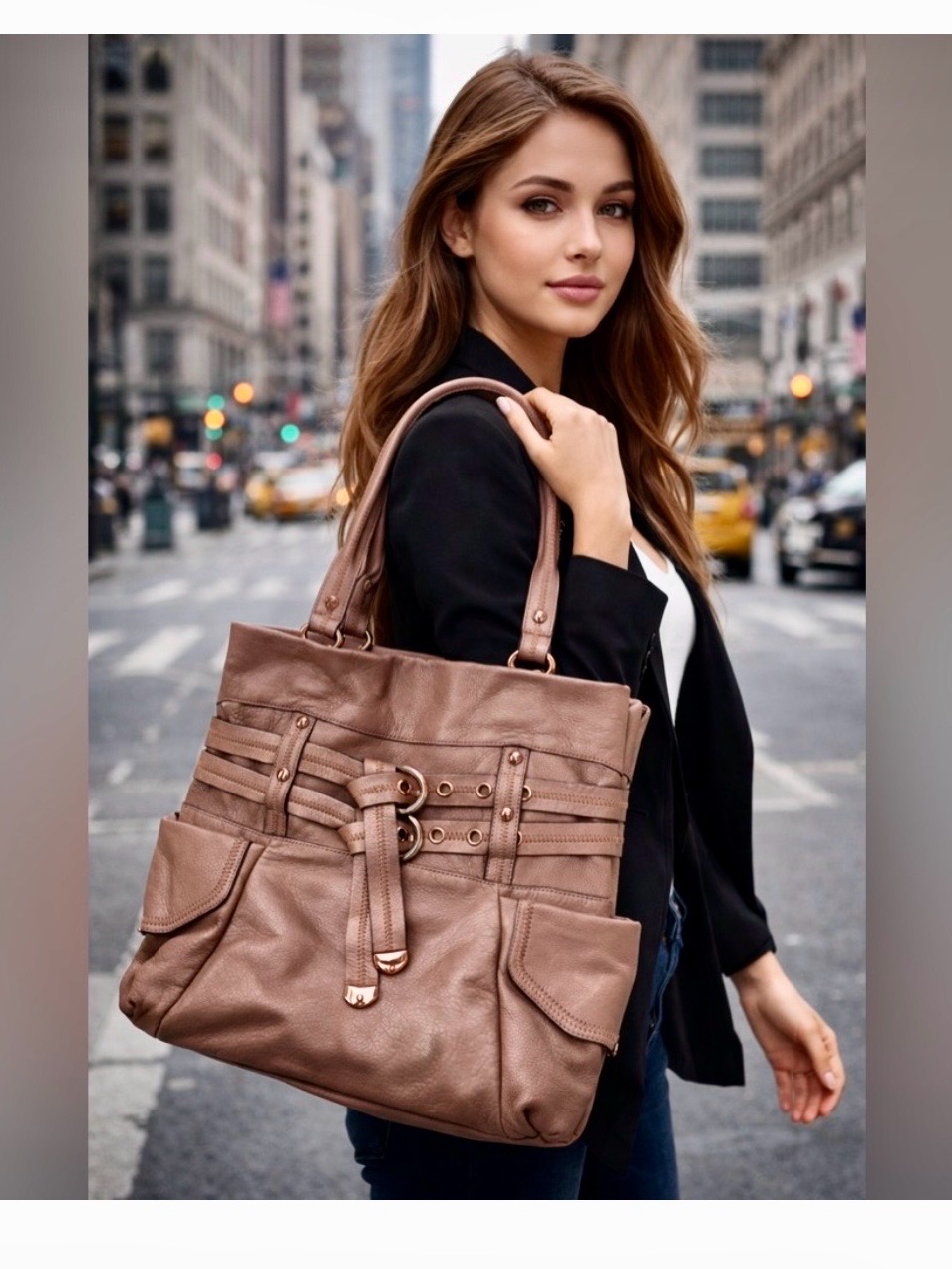 Like New: B Makowsky Taupe Double Belted Pebbled Leather Shoulder Bag